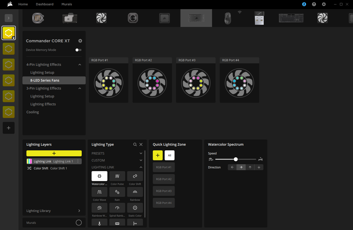 Corsair-programvarans gränssnitt för RGB-fläktkontroll.
