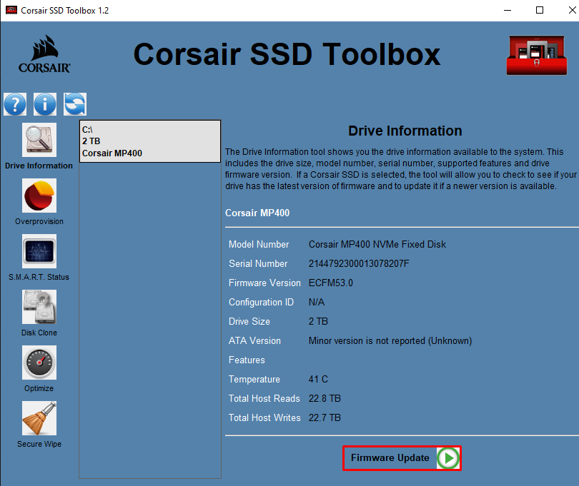 Corsair SSD Toolbox-gränssnitt som visar enhetsinformation.