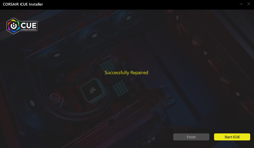 Corsair iCUE installer showing repair success message.