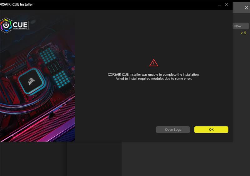 Felmeddelande från CORSAIR iCUE Installer.
