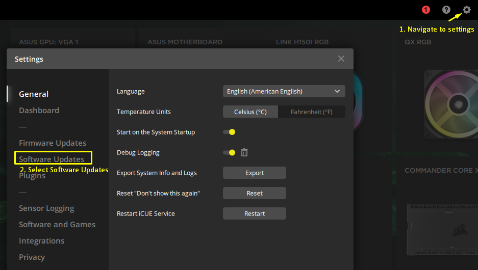 Inställningsmeny med uppdateringsalternativ för programvara.