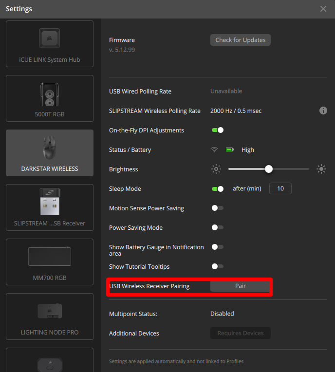 Settings menu for wireless device configuration.