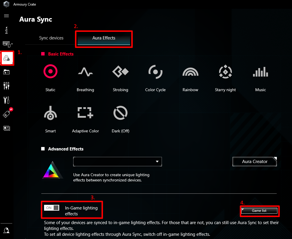Aura Sync settings interface with lighting options.