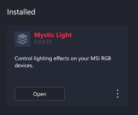Gränssnitt för Mystic Light-programvara för RGB-kontroll.