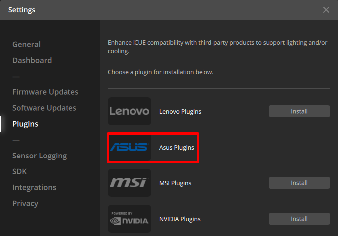 Settings menu showing plugin options for iCUE.