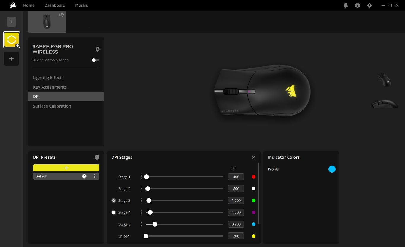 Corsair gaming mouse settings interface.