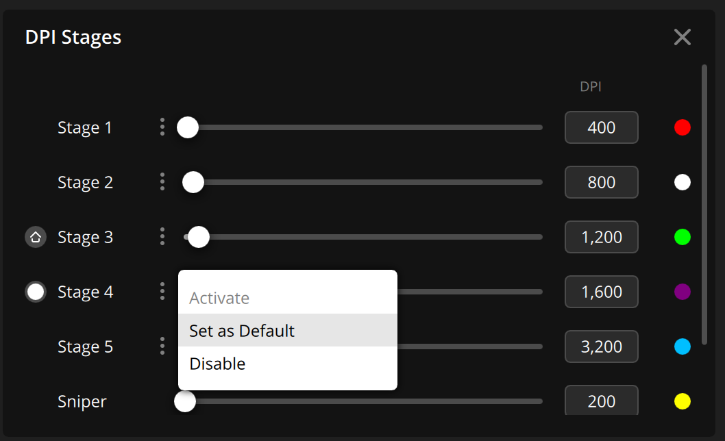DPI settings interface with adjustable sliders.