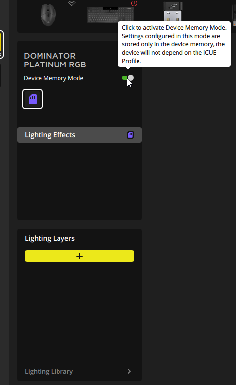 Device memory mode settings for RGB lighting.