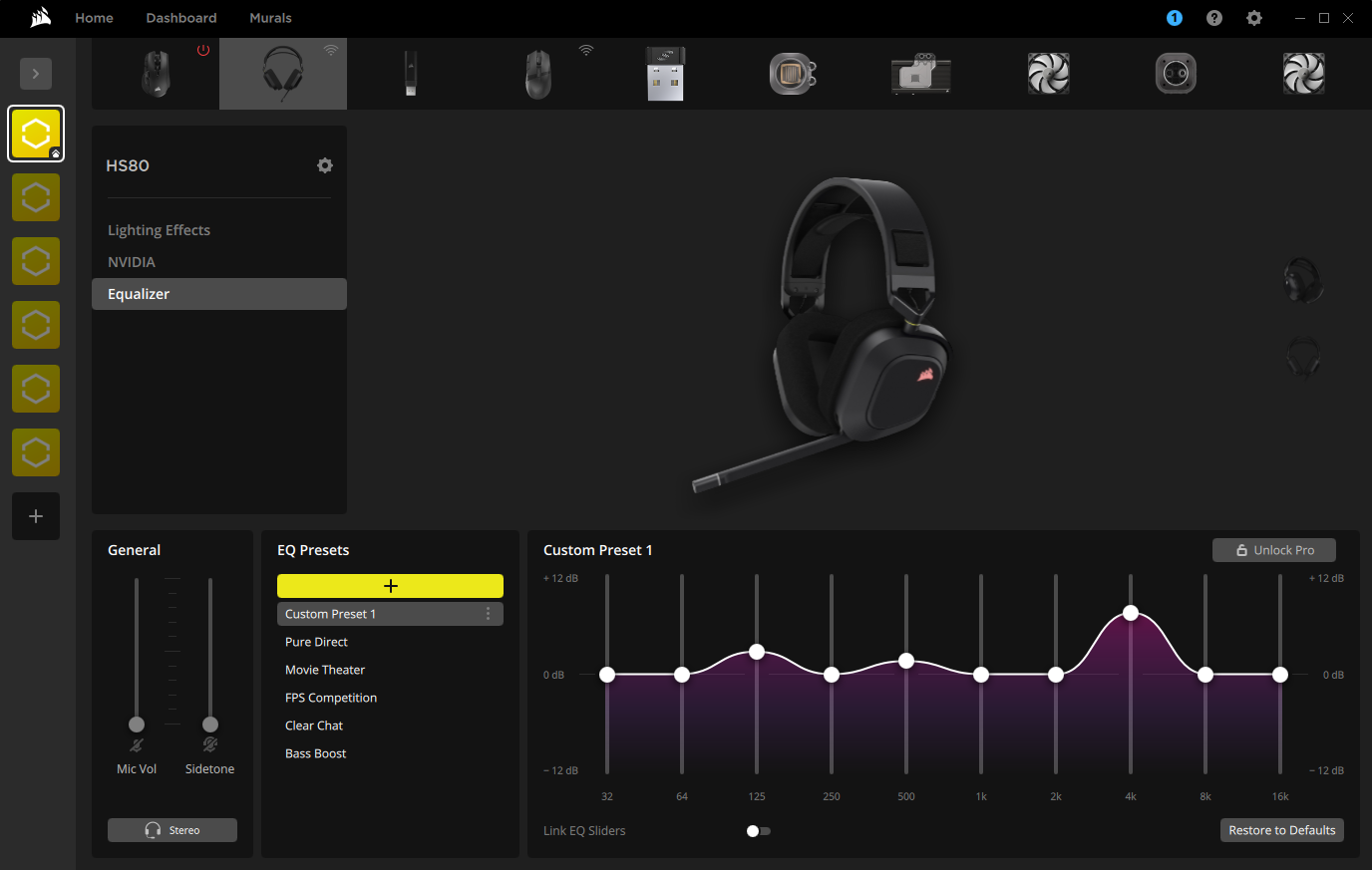Corsair HS80 headset with equalizer settings.