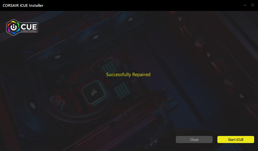 Corsair iCUE-installationen visar reparationsmeddelande om framgång.