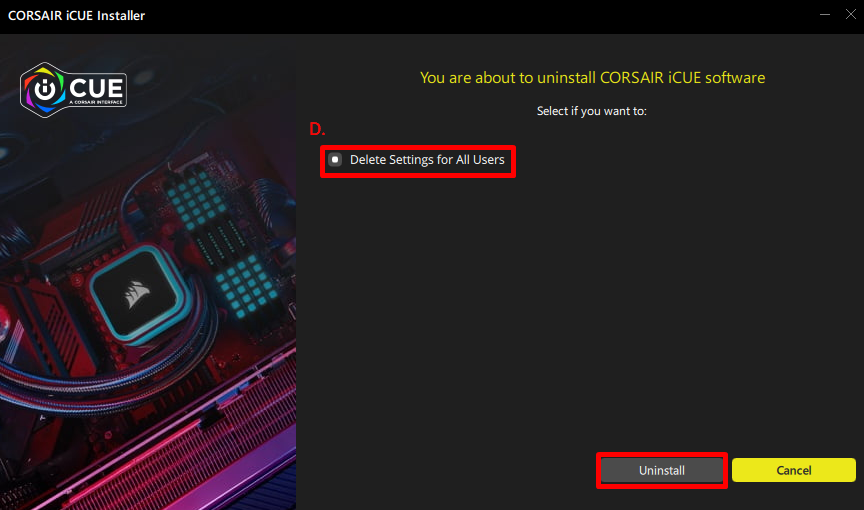 Avinstallationsskärmen för CORSAIR iCUE-programvara.