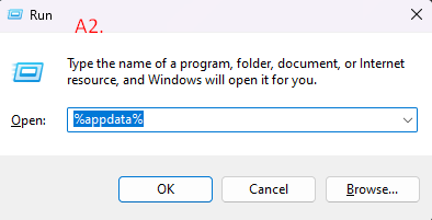 Windows Kör-dialog med appdata-sökväg.