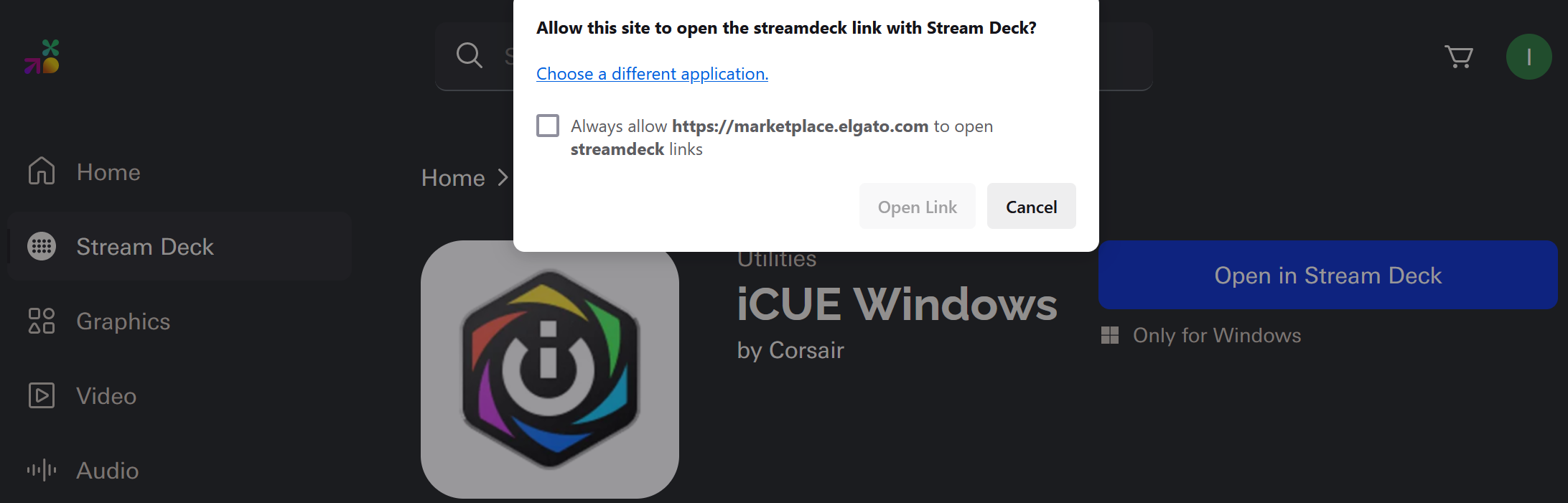 Stream Deck-programfråga i ett mörkt gränssnitt.
