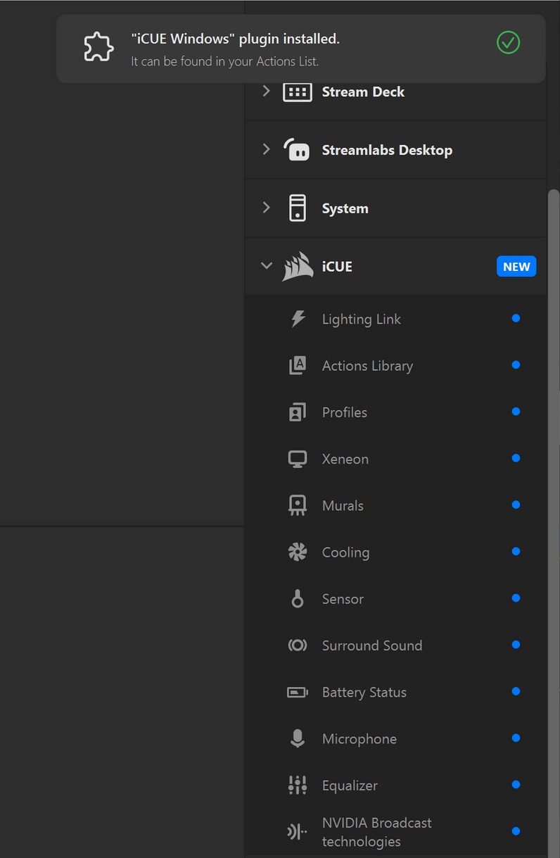 Streamlabs Desktop-gränssnitt med iCUE-insticksprogram.