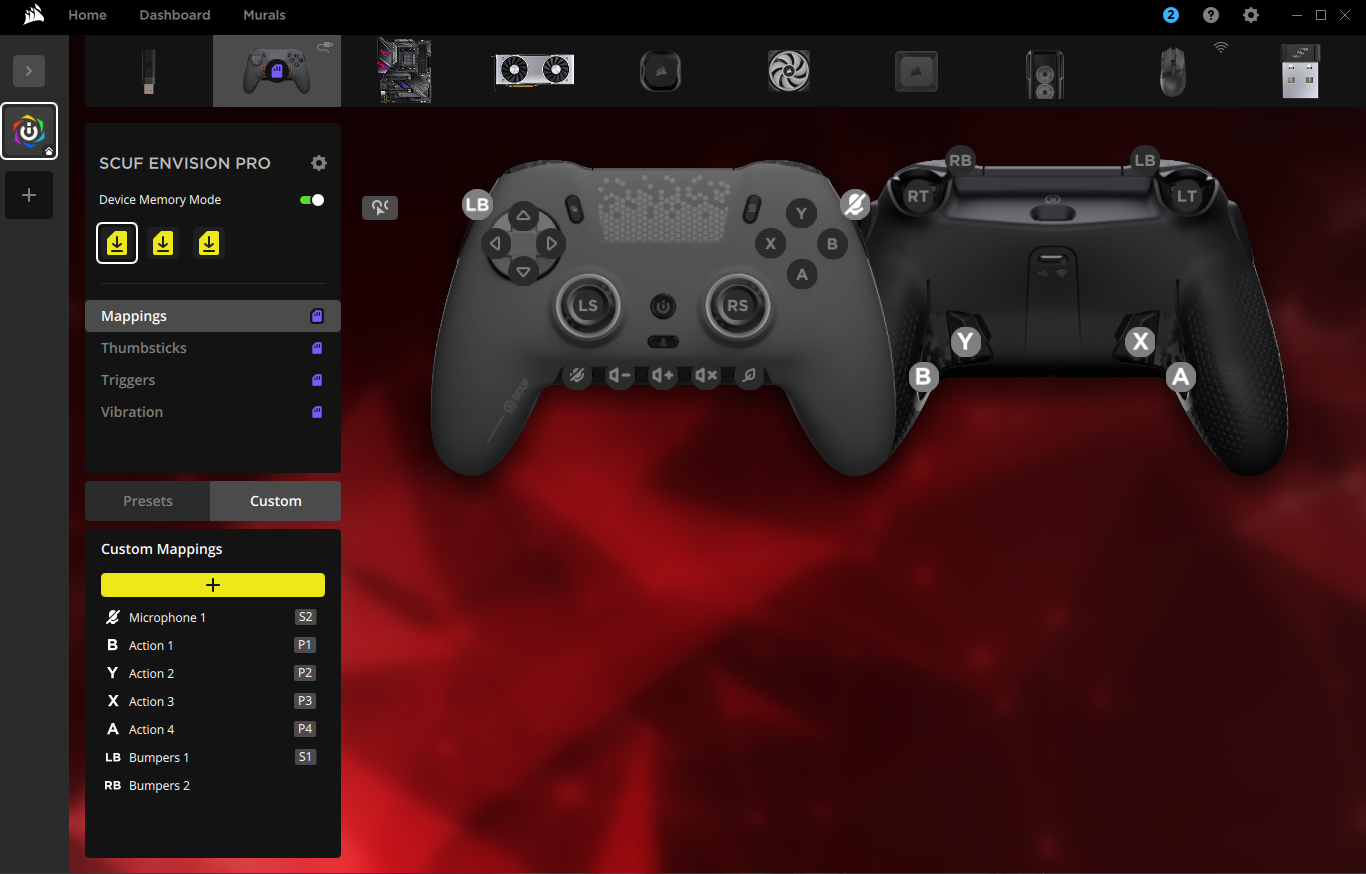 SCUF Envision Pro-kontrollens inställningsgränssnitt.