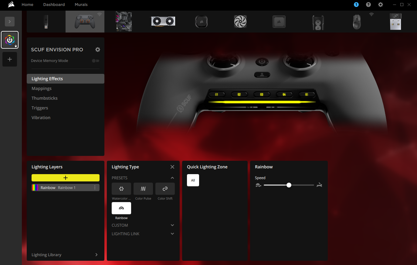 SCUF-kontrollens inställningsgränssnitt med ljusalternativ.