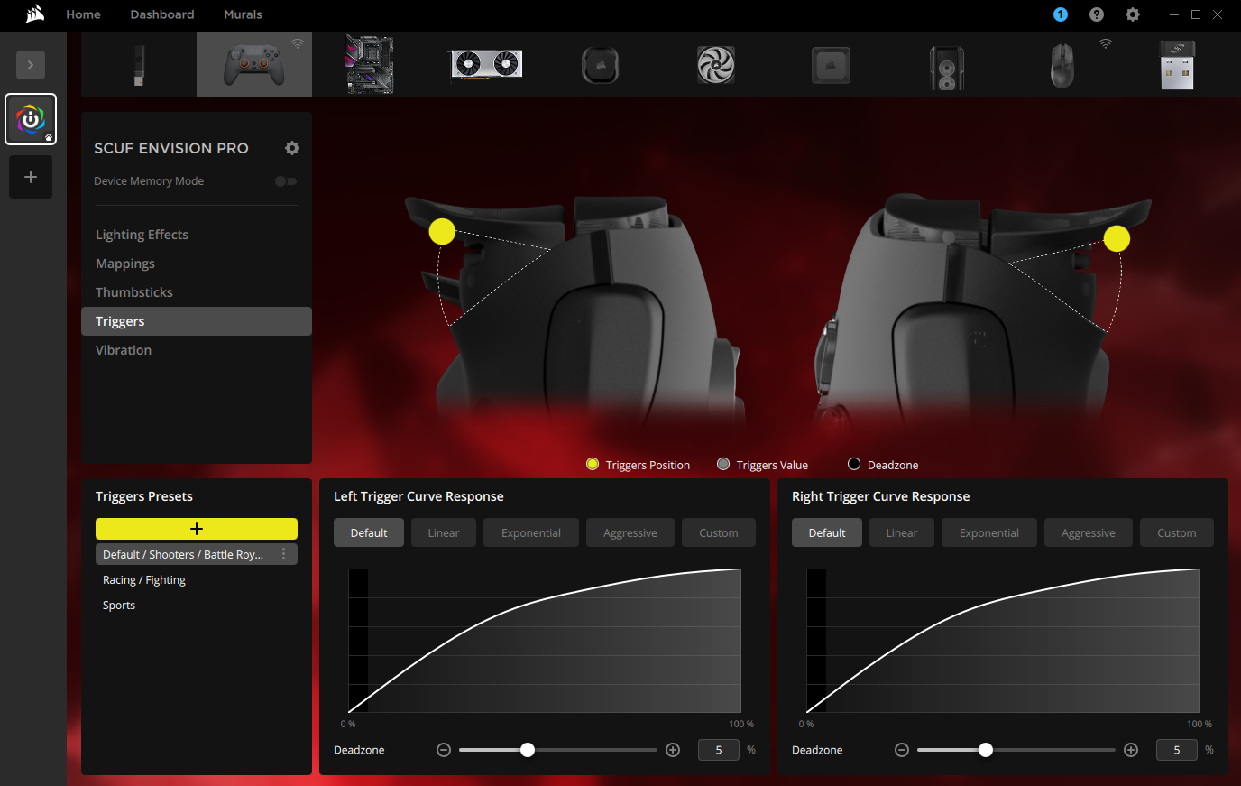 SCUF Envision Pro-kontrollens inställningsgränssnitt.