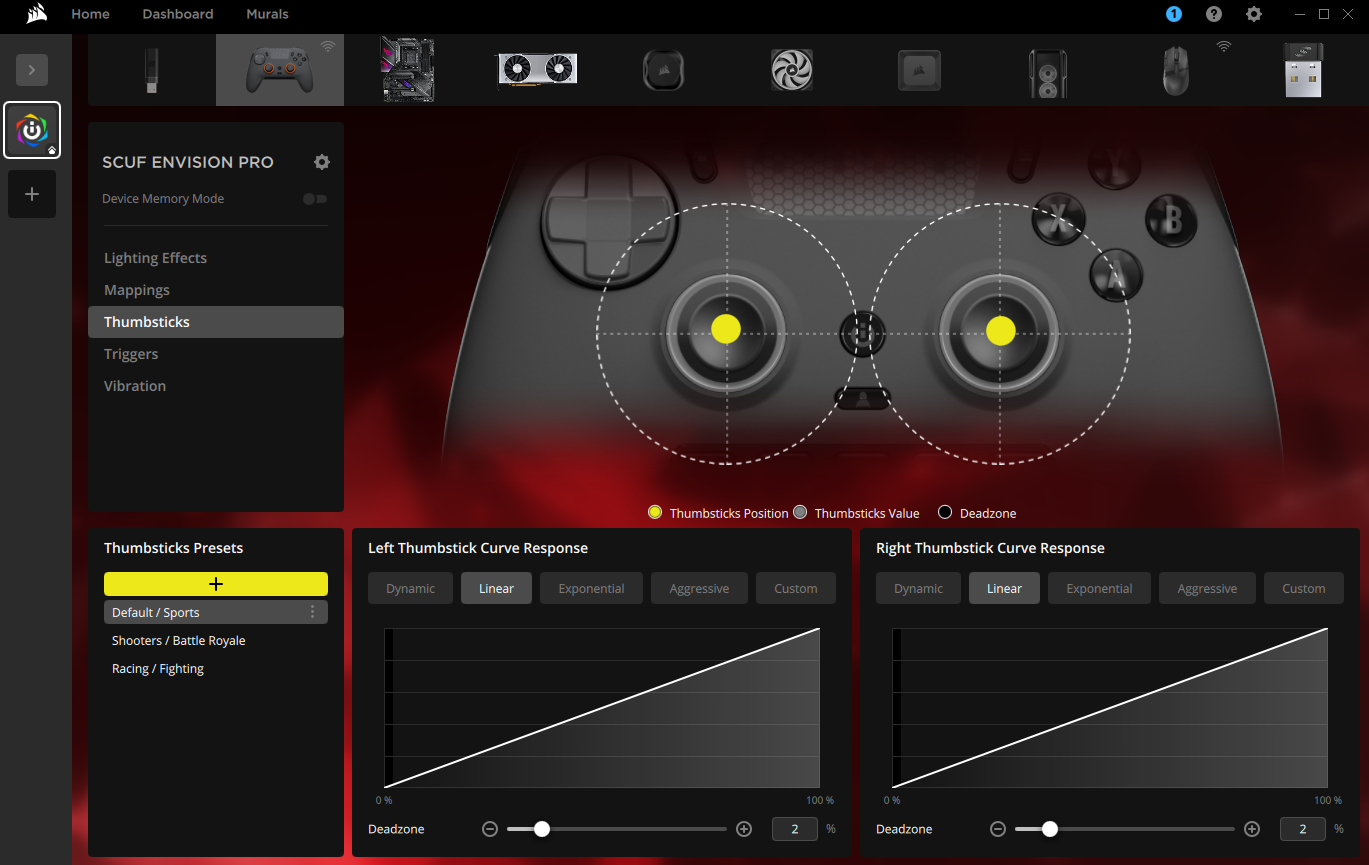 SCUF Envision Pro-kontrollens inställningsgränssnitt.