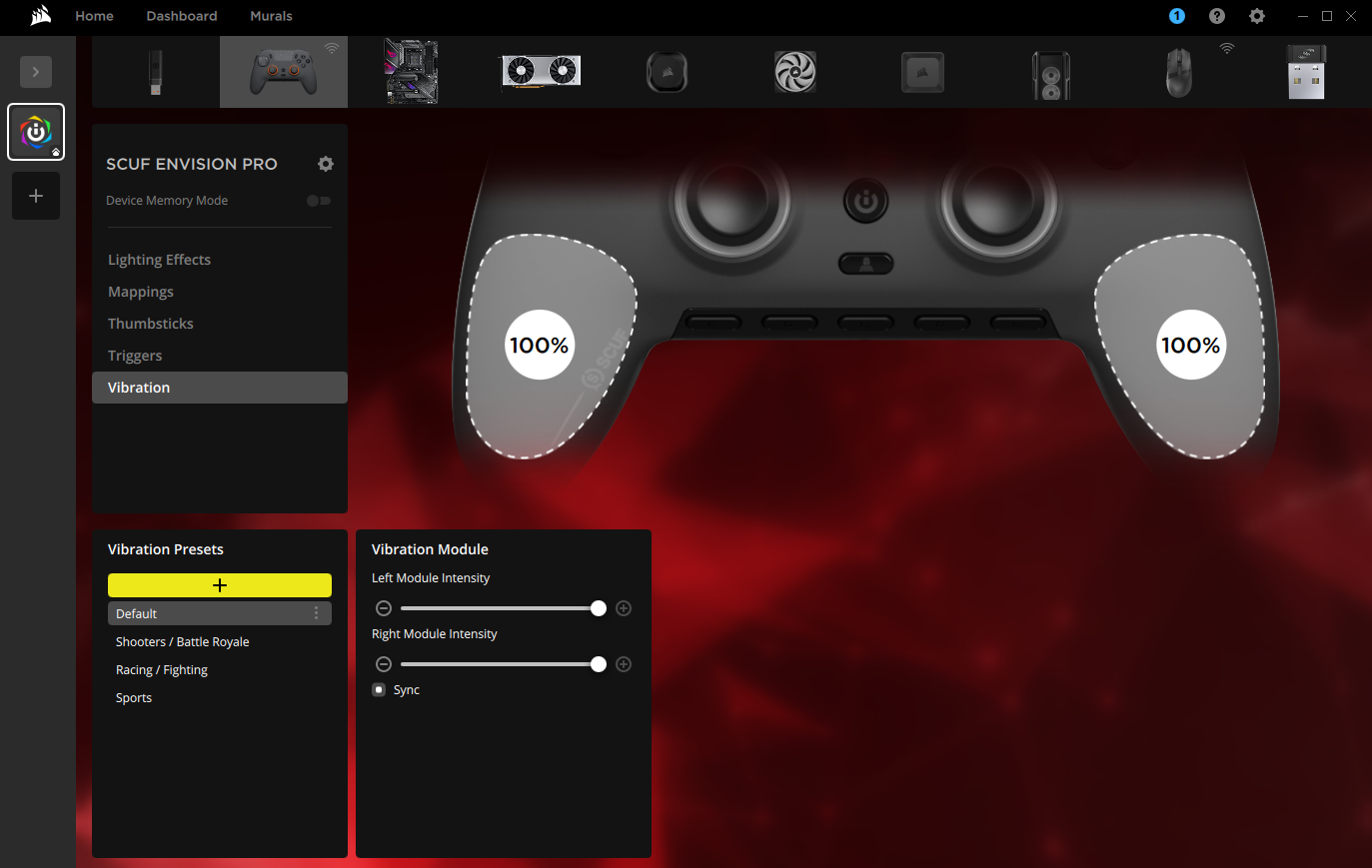 SCUF Envision Pro-kontrollens inställningsgränssnitt.