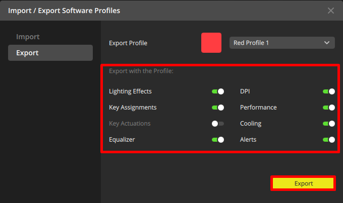 Exportinställningsgränssnitt för programprofil.
