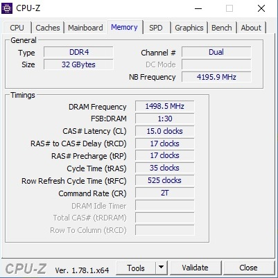CPU-Z minnesinformationsfönster som visar RAM-detaljer.