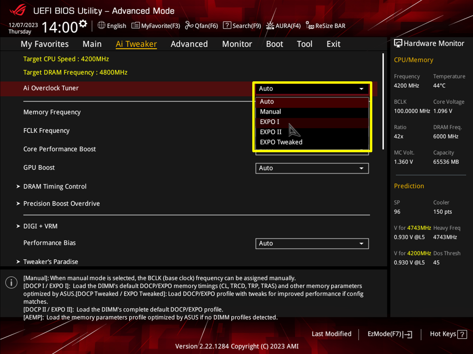 UEFI BIOS-inställningsgränssnitt med överklockingsalternativ.