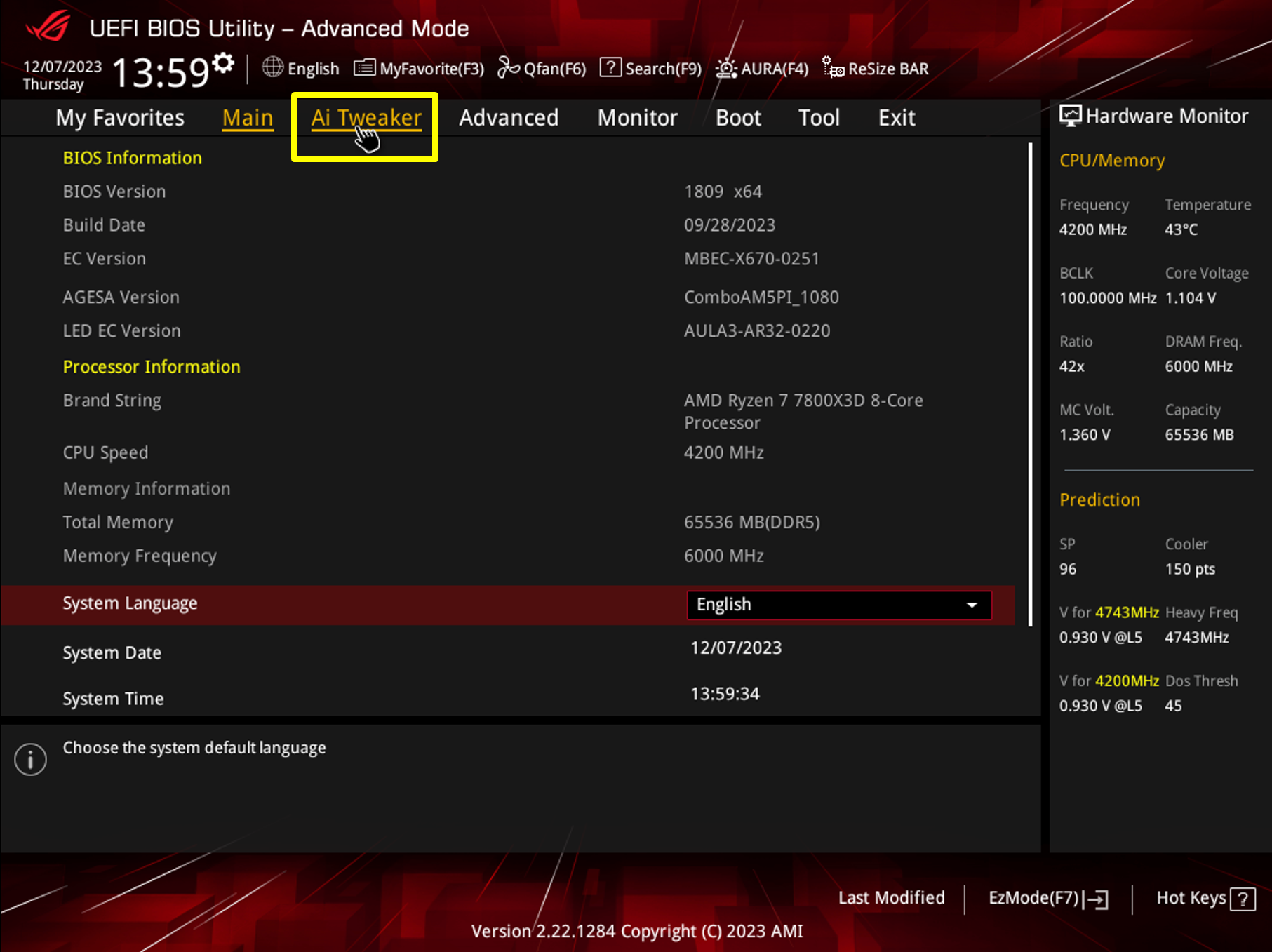 UEFI BIOS-verktygs-gränssnitt som visar systeminformation.