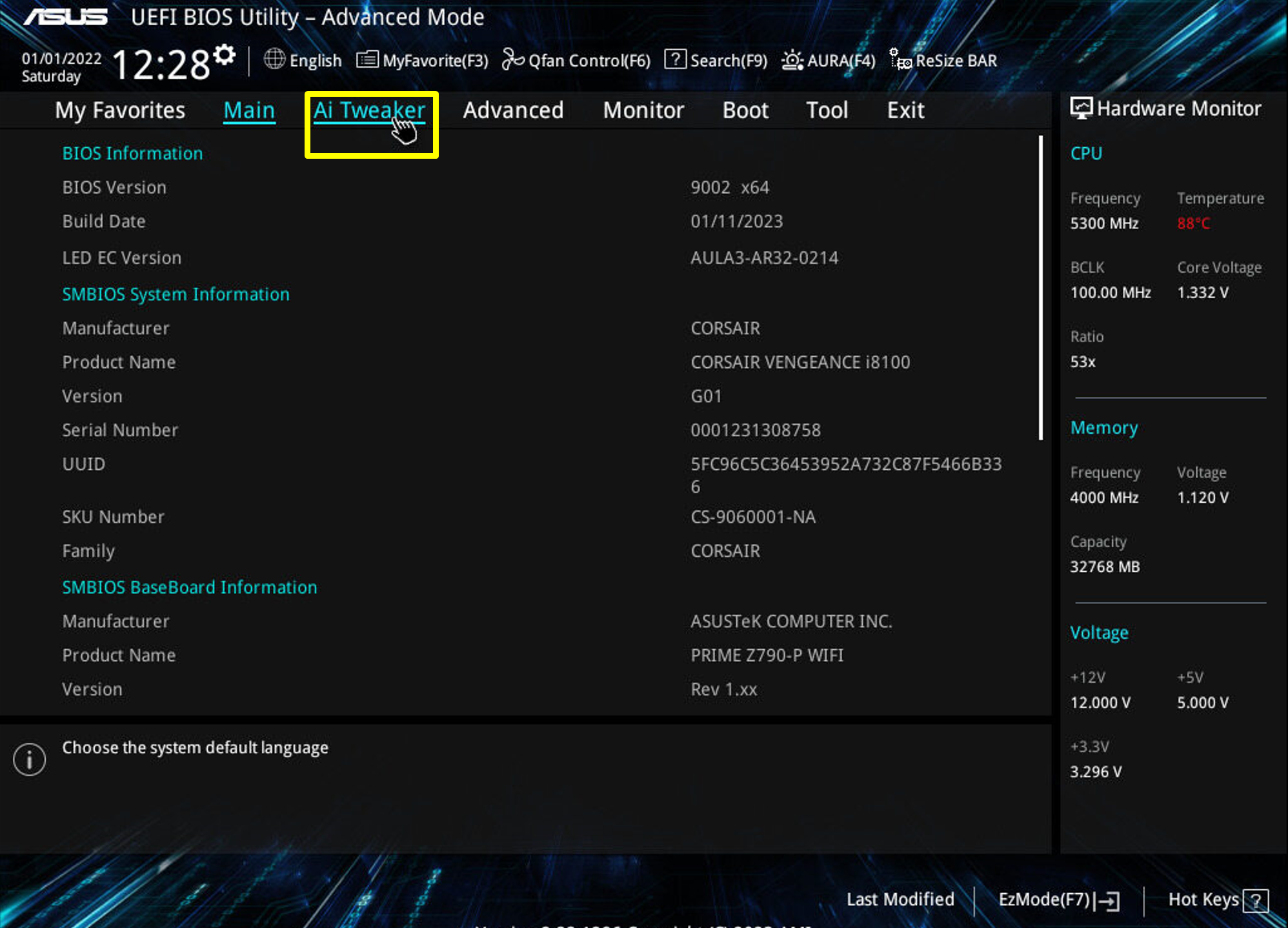 UEFI BIOS-verktygs-gränssnitt som visar systeminformation.