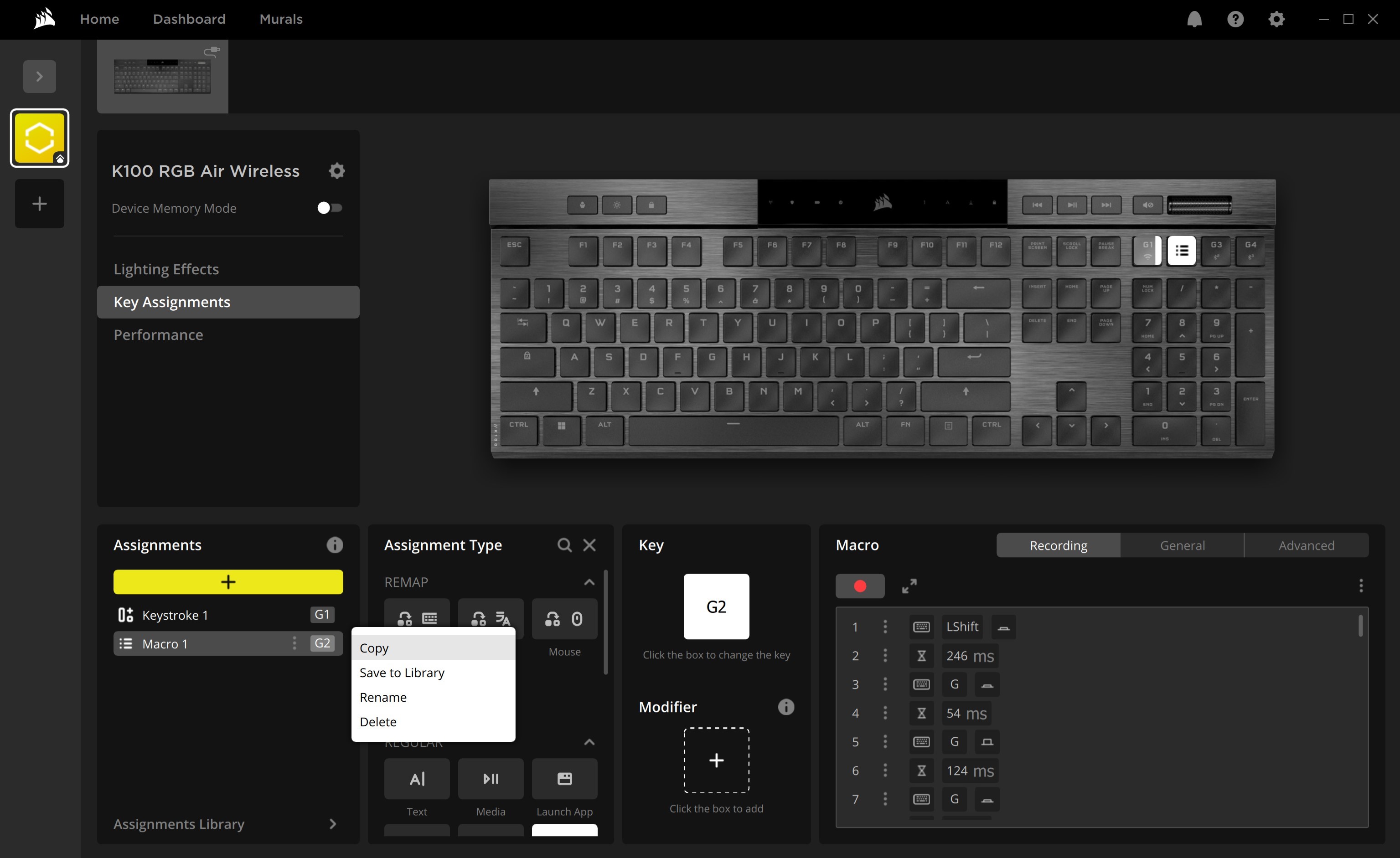 Keyboard configuration interface with key assignments.