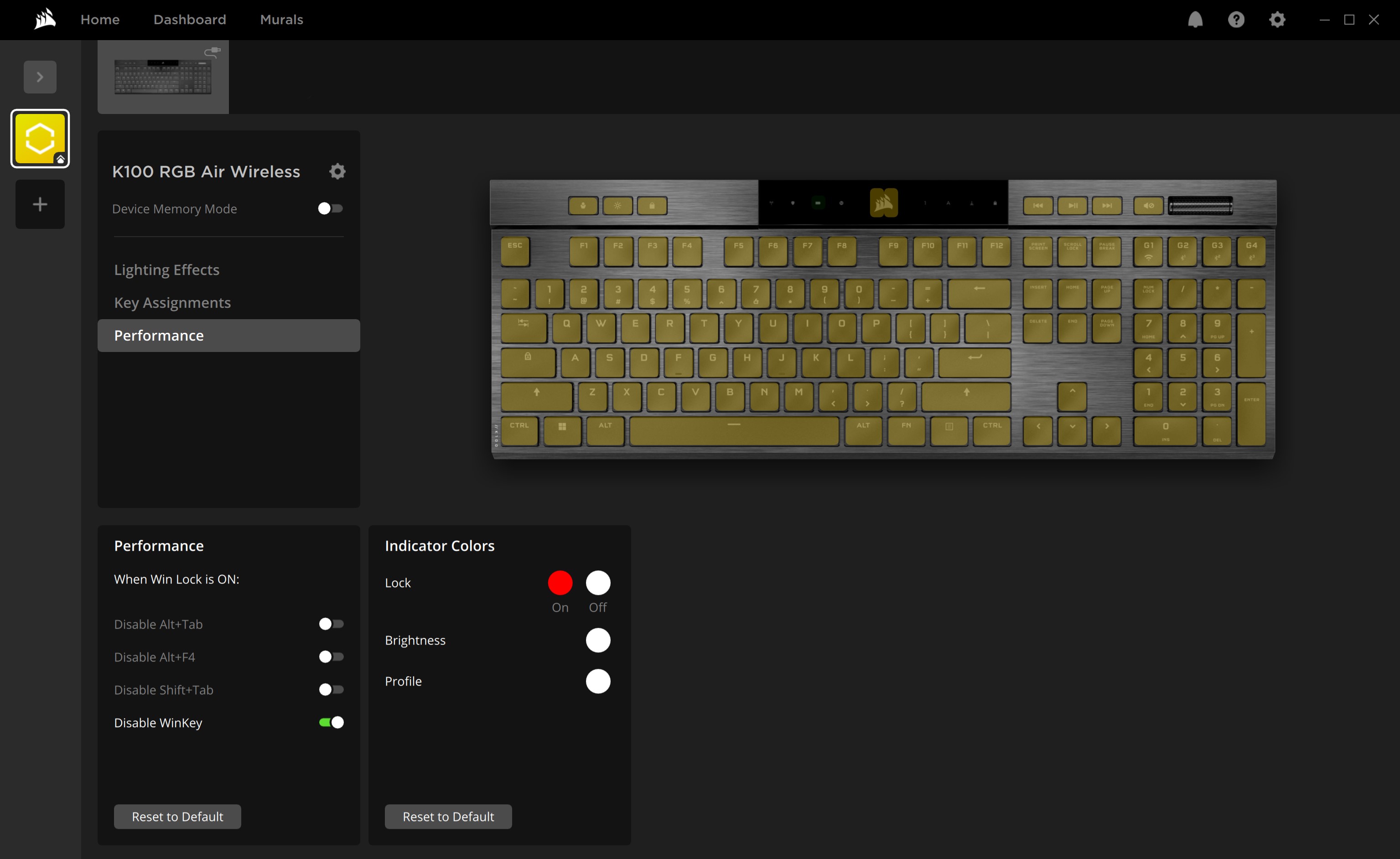 Keyboard settings interface with performance options.