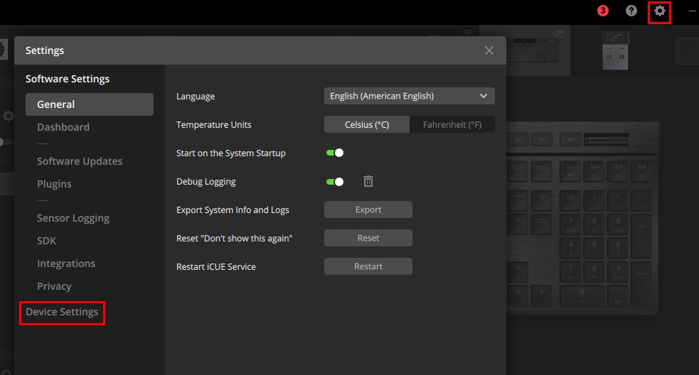 Settings menu with device options displayed.