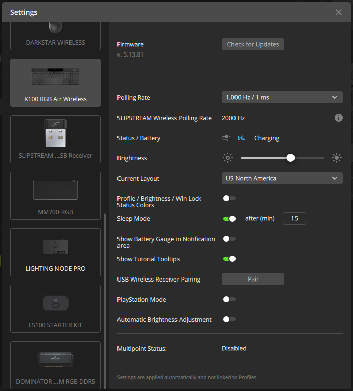 Settings menu for wireless gaming peripherals.