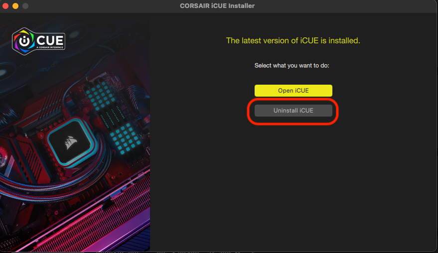 Corsair iCUE-installerare gränssnitt med alternativ.