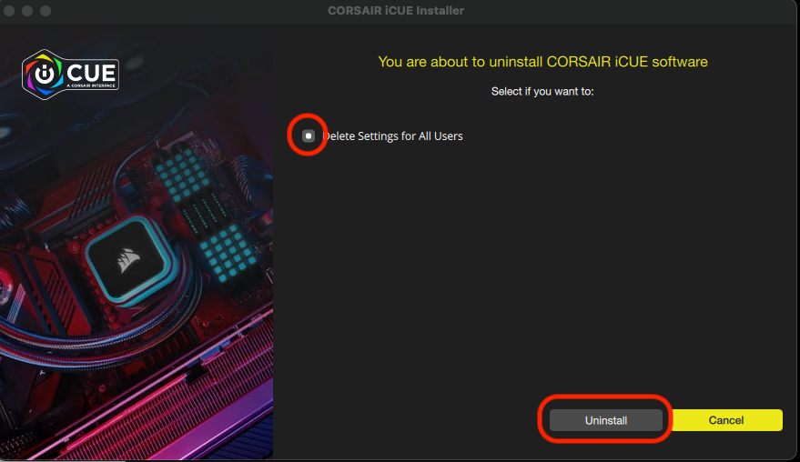 Avinstallationsskärm för CORSAIR iCUE-programvara.