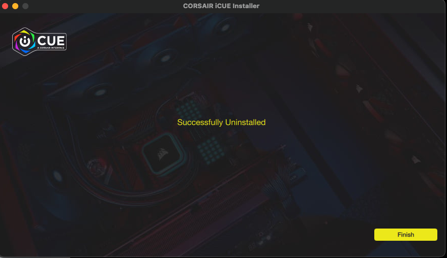 Corsair iCUE-installerare visar avinstallation lyckades.