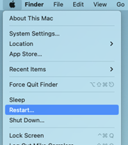 Mac Finder-meny med omstartsalternativ markerat.