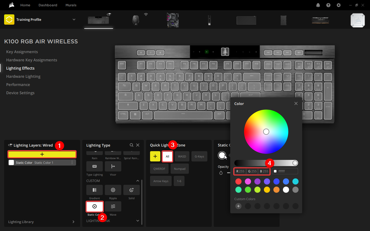 Keyboard lighting settings interface displayed.
