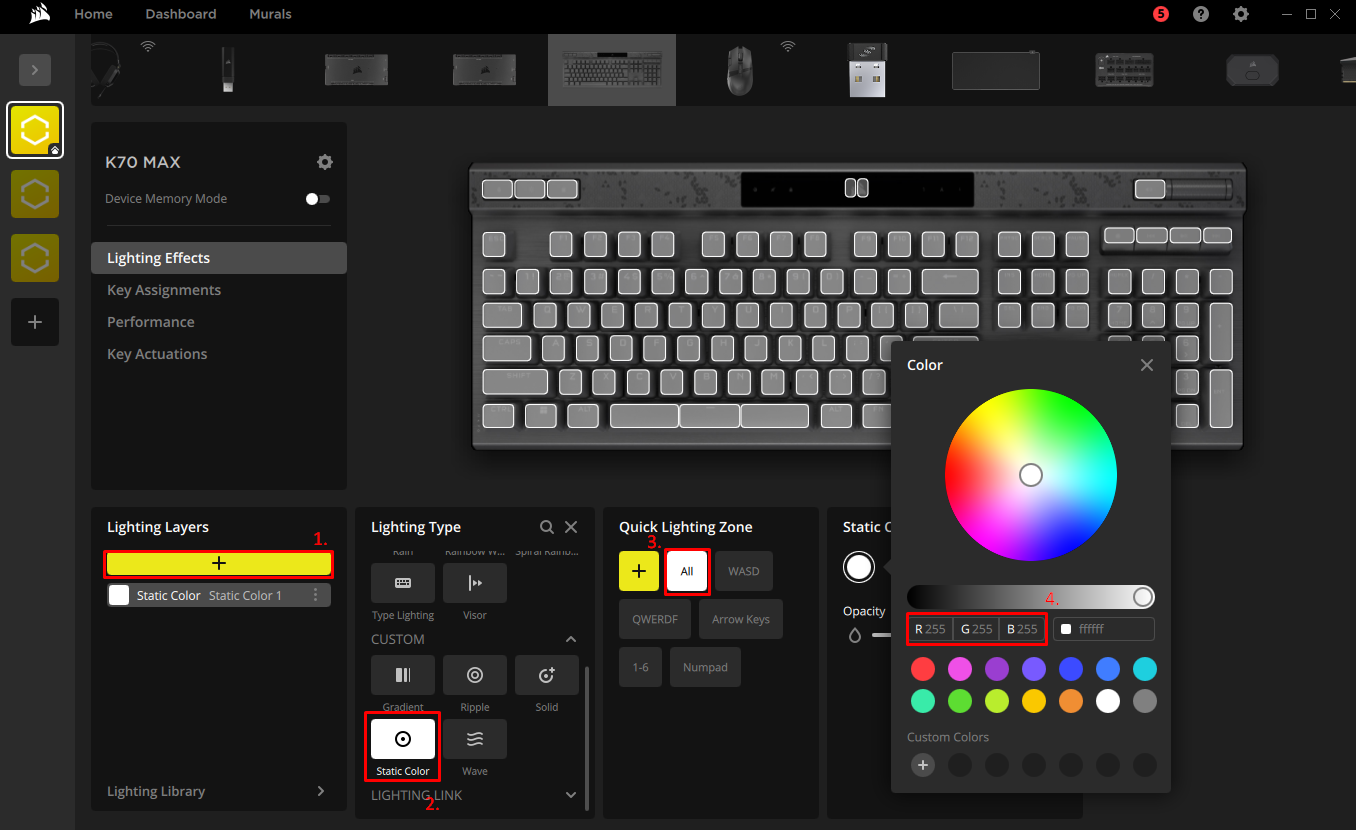 Keyboard lighting settings interface with color options.