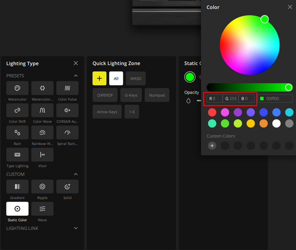 Lighting control interface with color options.