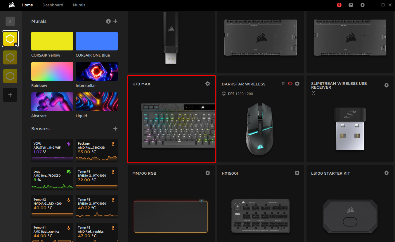 Corsair K70 MAX-tangentbord med RGB-belysning.
