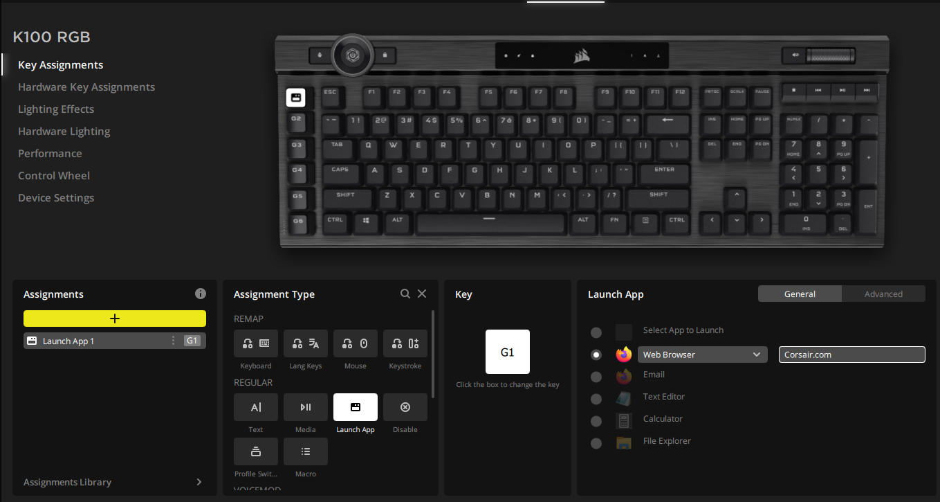 Corsair K100 RGB-tangentbord gränssnitt för nyckeltilldelning.