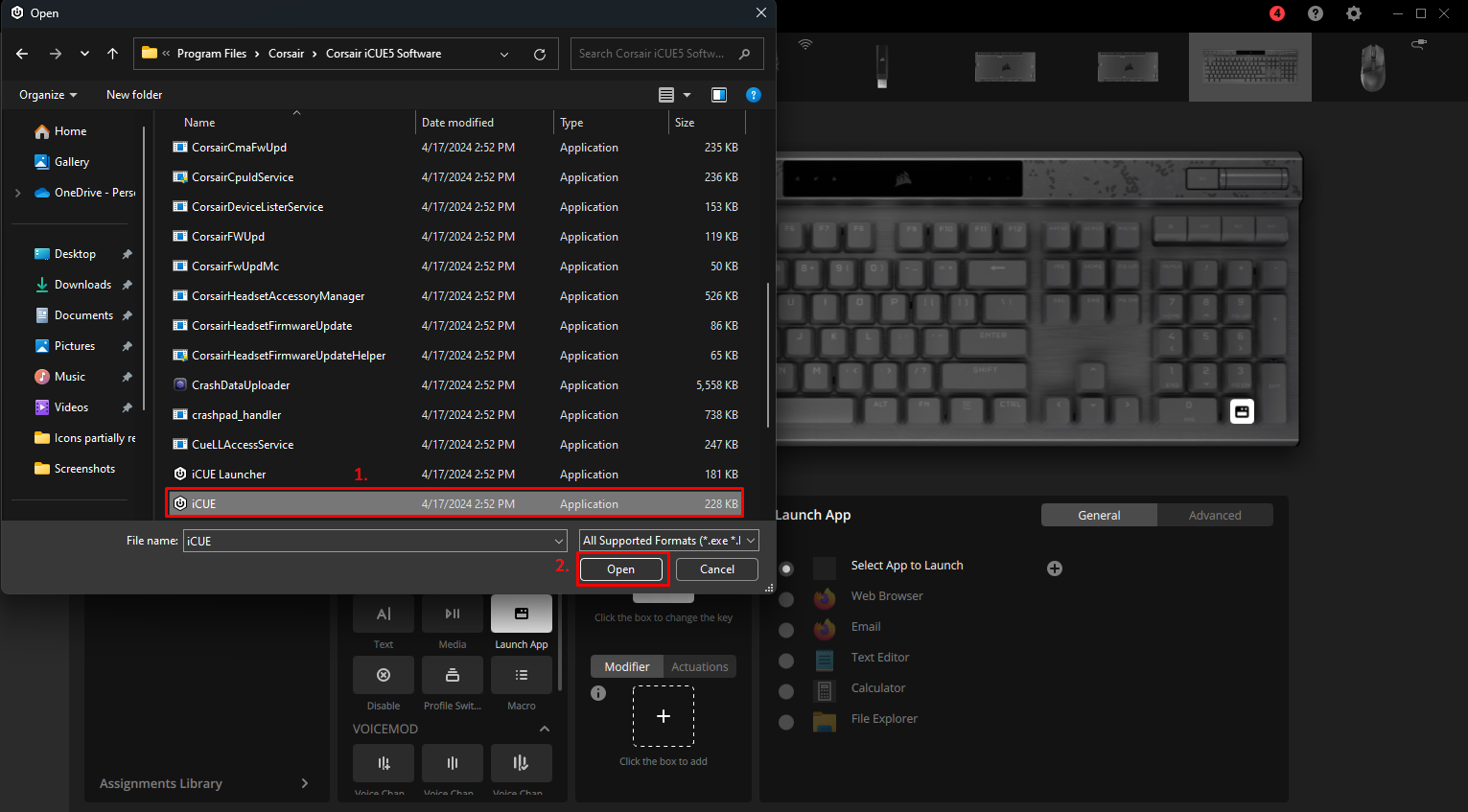 Filselektionsfönster för Corsair iCUE-programvara.