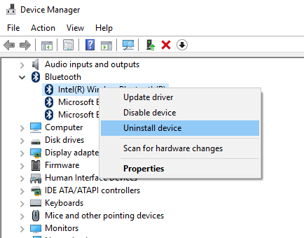 Device Manager som visar Bluetooth-alternativ och åtgärder.