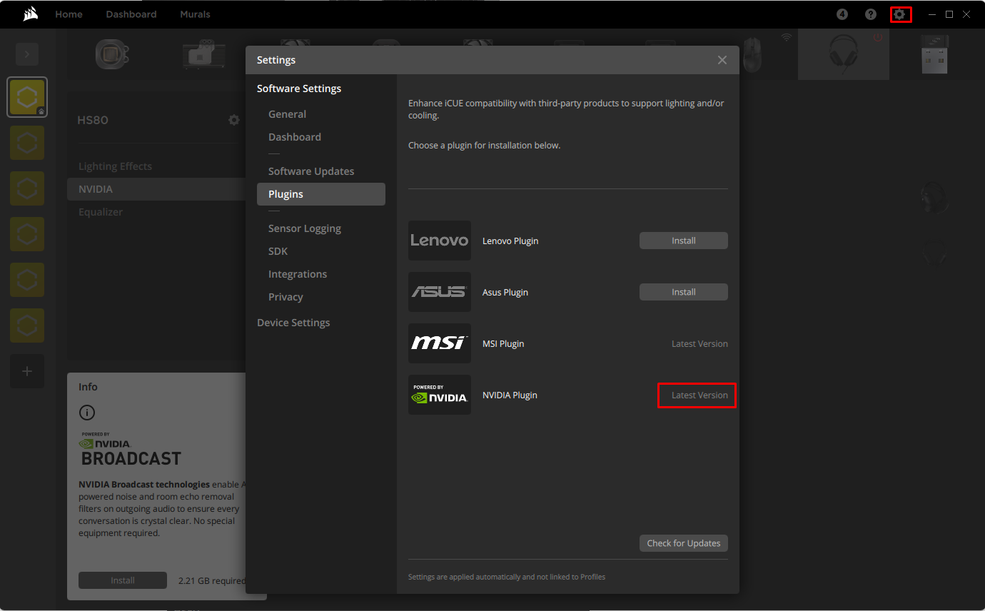 Inställningsmeny med plugin-alternativ visade.