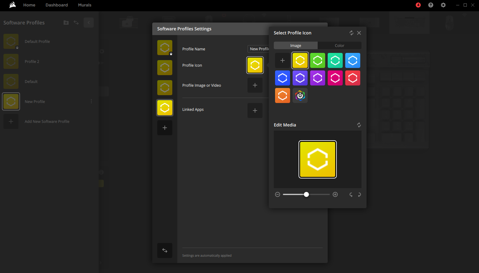 Profile settings interface with icons and options.