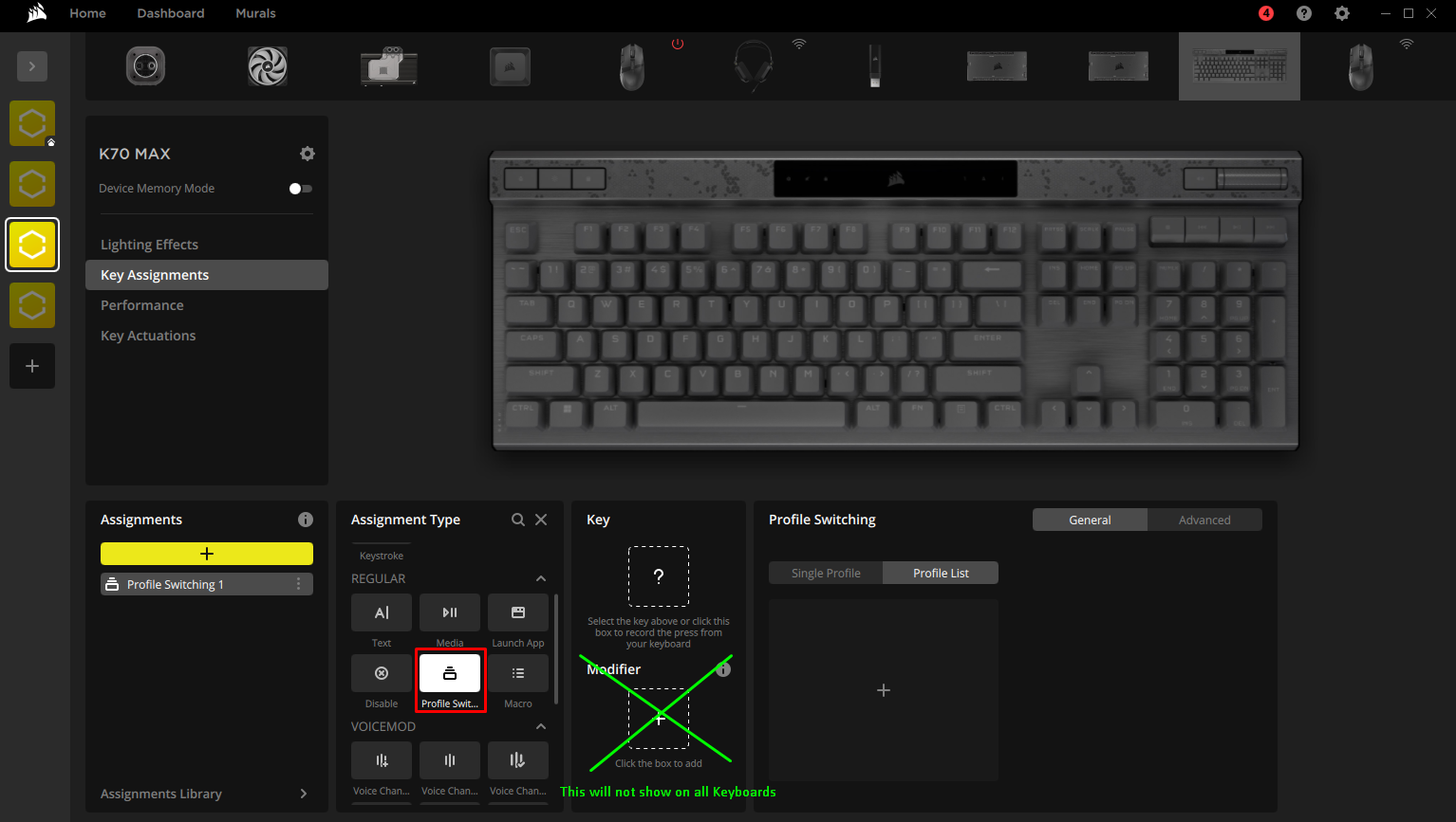 Keyboard settings interface with key assignments.