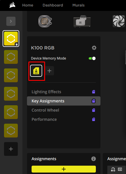 Inställningsgränssnitt för K100 RGB-tangentbord.