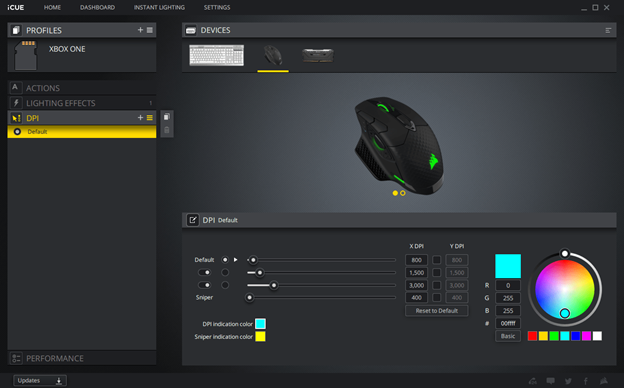 Gränssnitt för inställningar av gamingmus med DPI-alternativ.