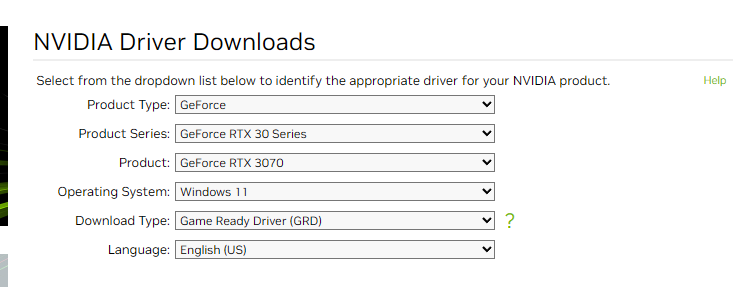 NVIDIA-gränssnitt för val av drivrutinsökning.