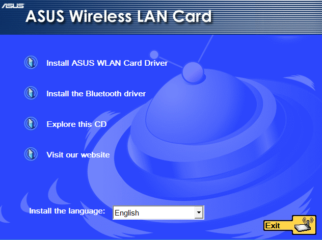 ASUS trådlös LAN-kortinstallationsmeny.